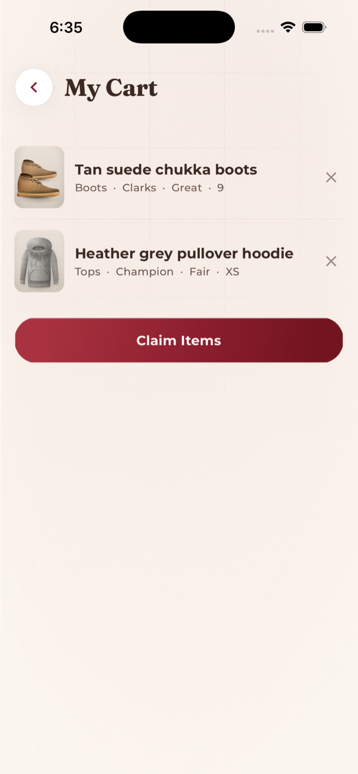 The Community Closet app screen: claim what you need
