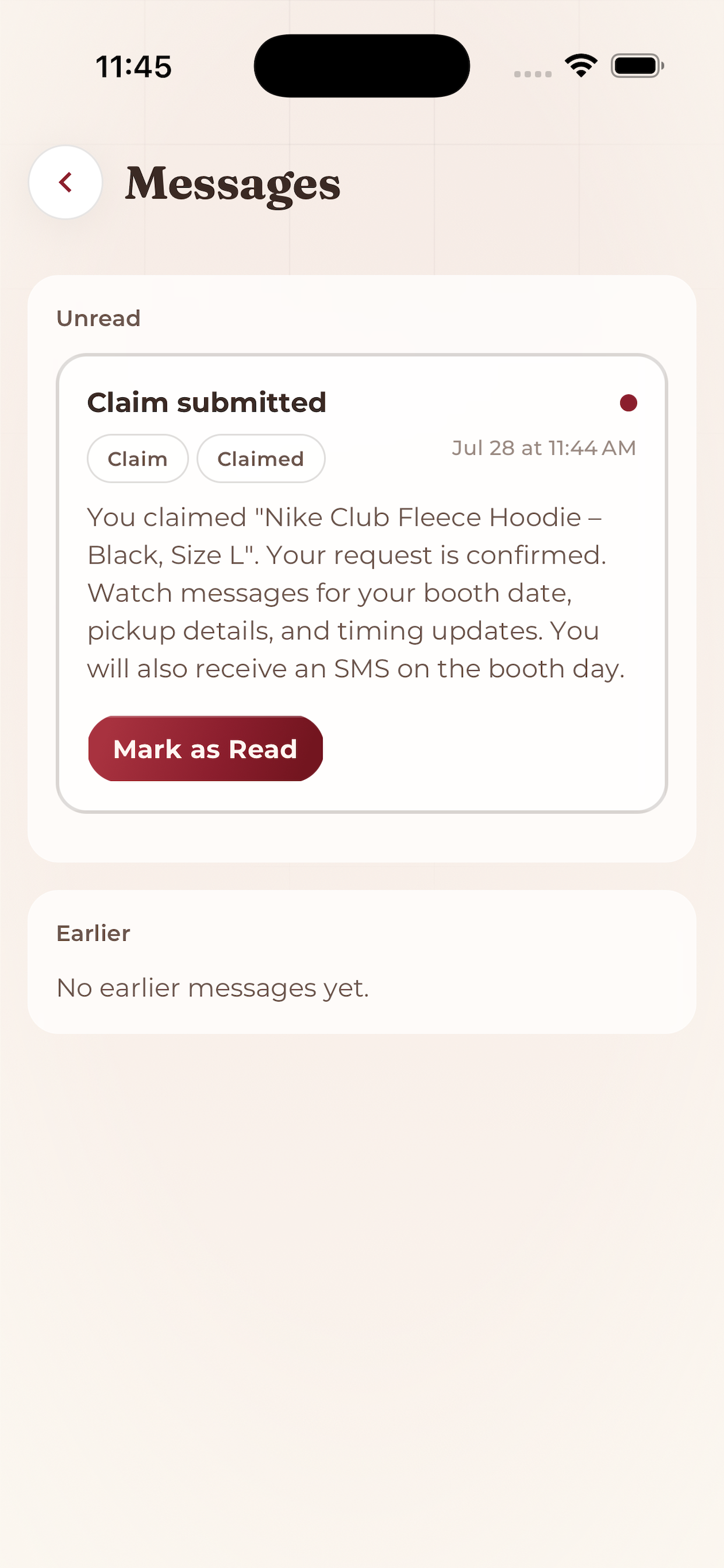 The Community Closet app screen: track your claim