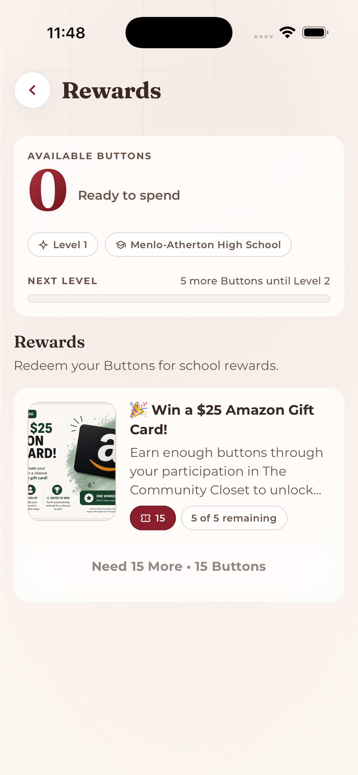 The Community Closet app screen: earn and redeem buttons